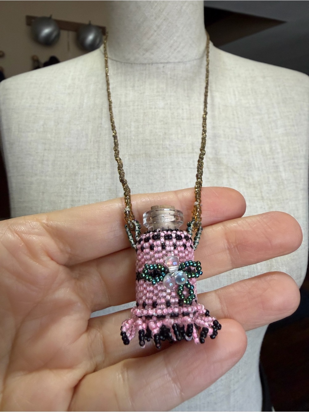 Vintage Beaded Perfume Vial Necklace Pink Black Boho Potion Bottle